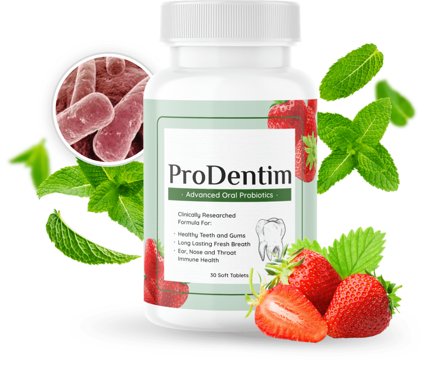 ProDentim probiotic bottle with mint and strawberries