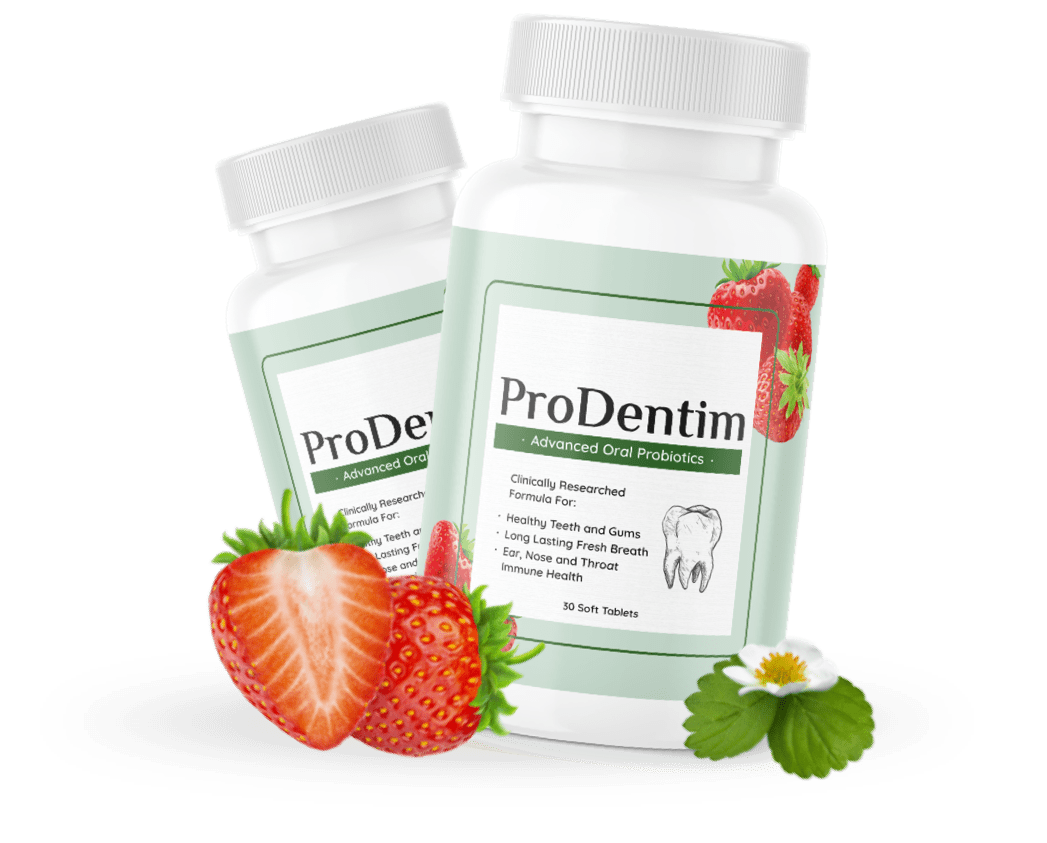 ProDentim oral probiotic bottles with strawberries